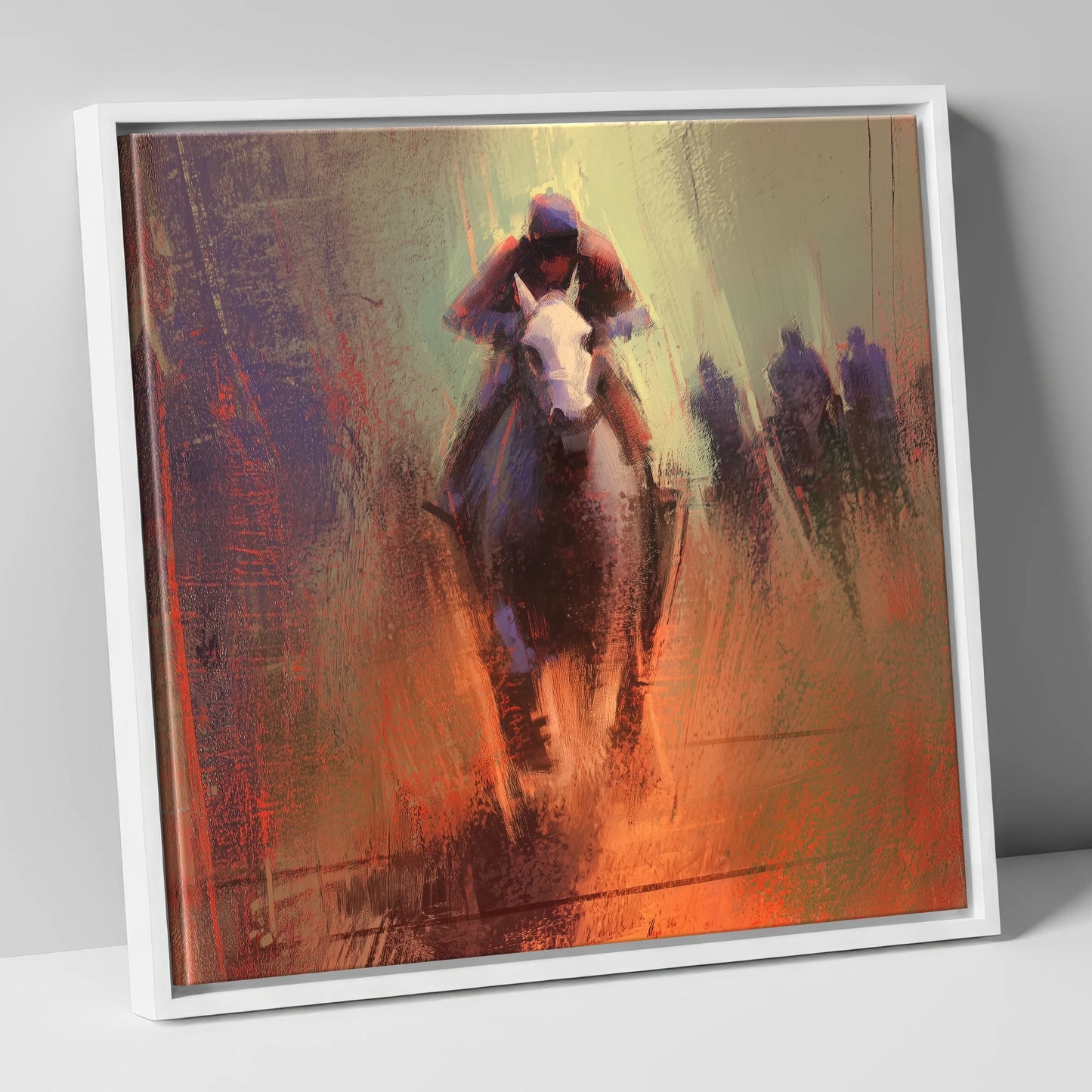 The Home Straight racing horse canvas wall art in white frame