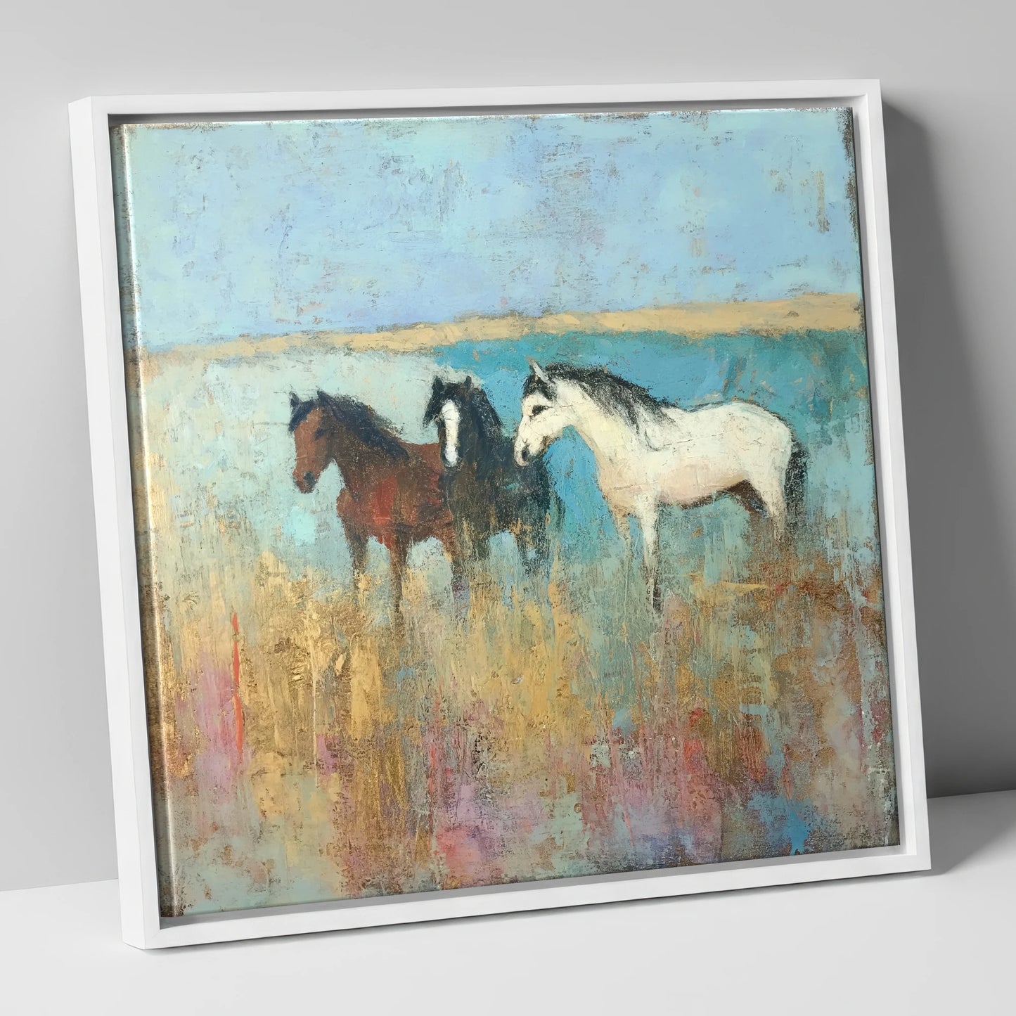 Coastal Companions wild horses canvas wall art in white frame