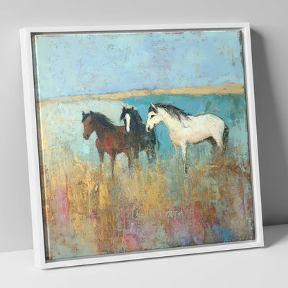 Coastal Companions wild horses canvas wall art in white frame