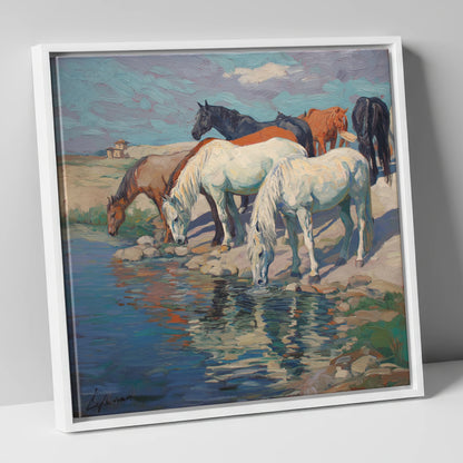 The Watering Hole wild horses canvas wall art in white frame