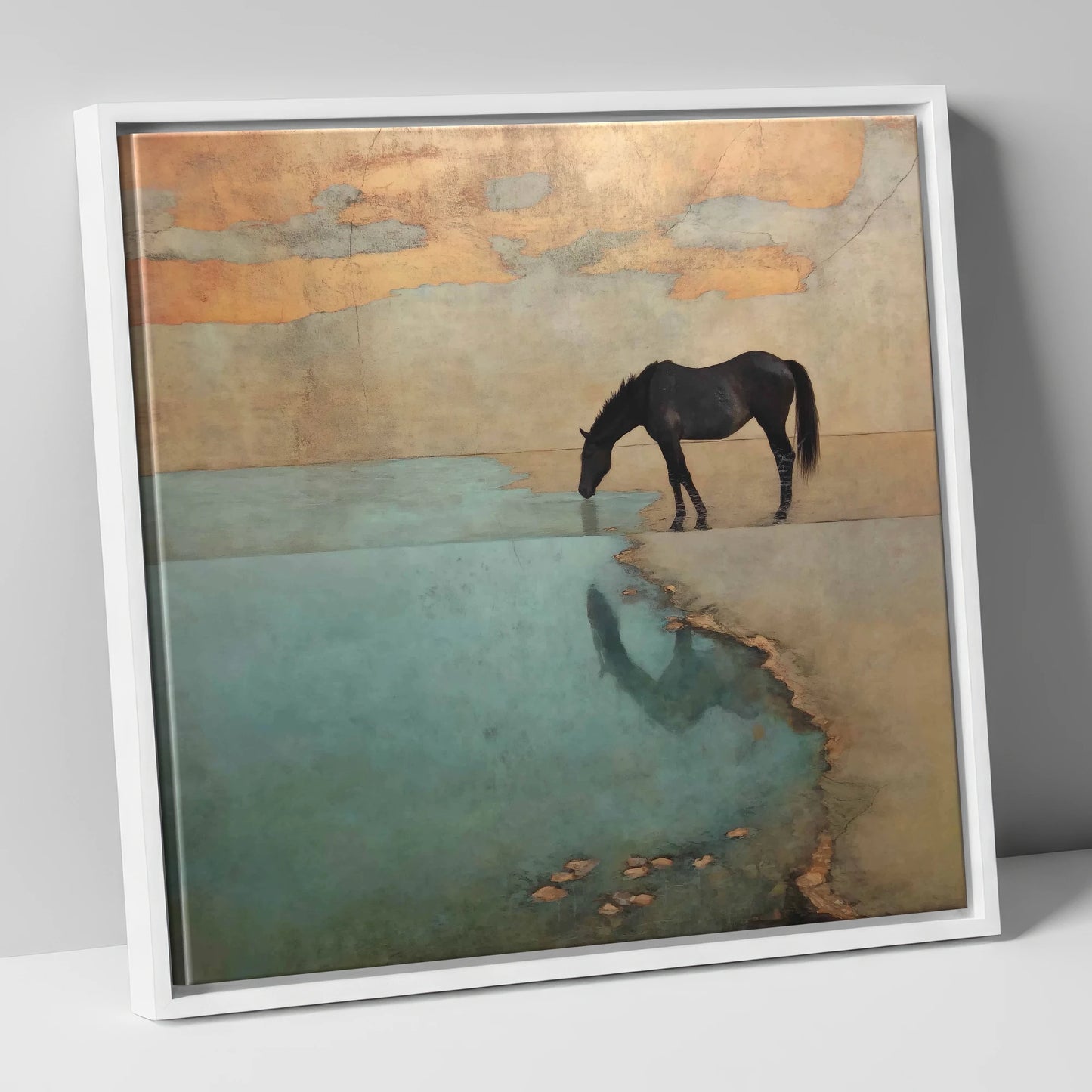 Golden Shores Reflection horse landscape canvas wall art in white frame