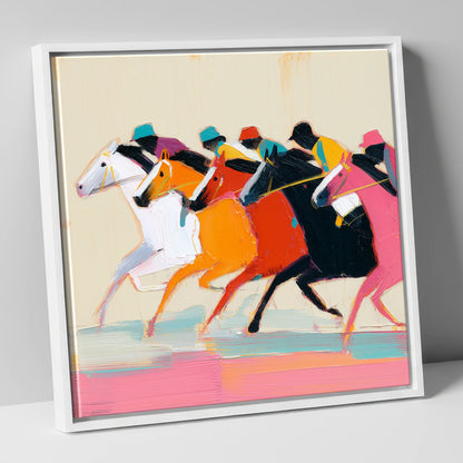 Vibrant Final Furlong racing horse canvas wall art in white frame