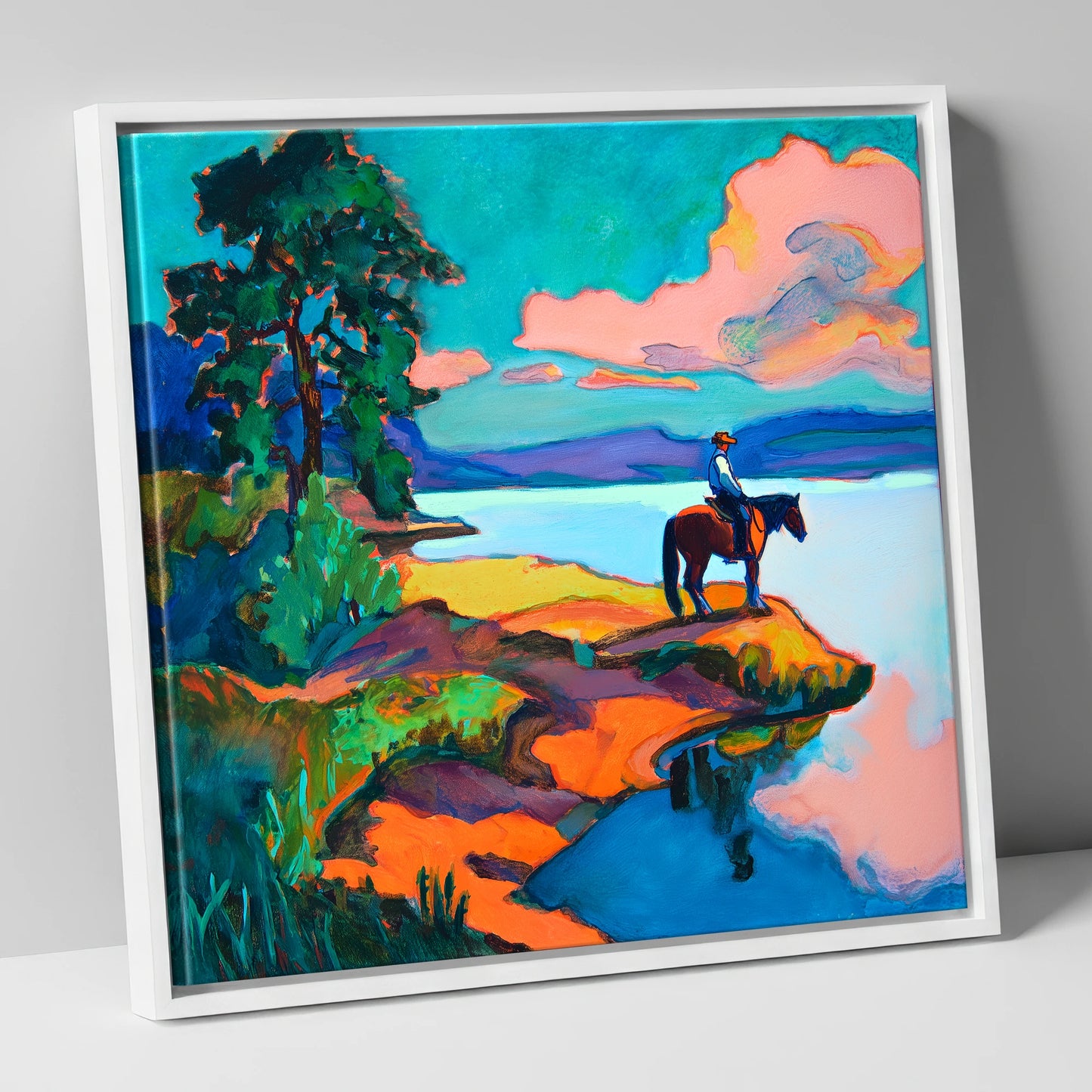 The Violet Shoreline beach horse canvas wall art in white frame