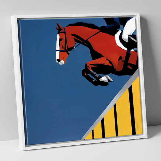Suspended in Blue show jumping horse canvas wall art in white frame
