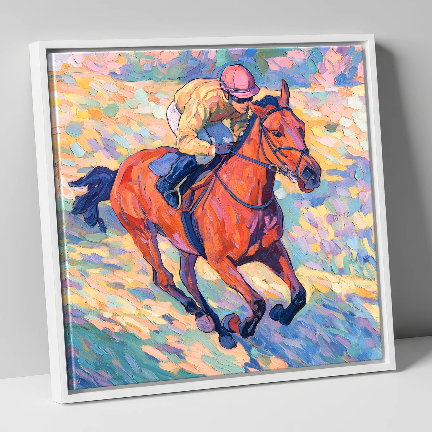 Vibrant Final Furlong racing horse canvas wall art in white frame