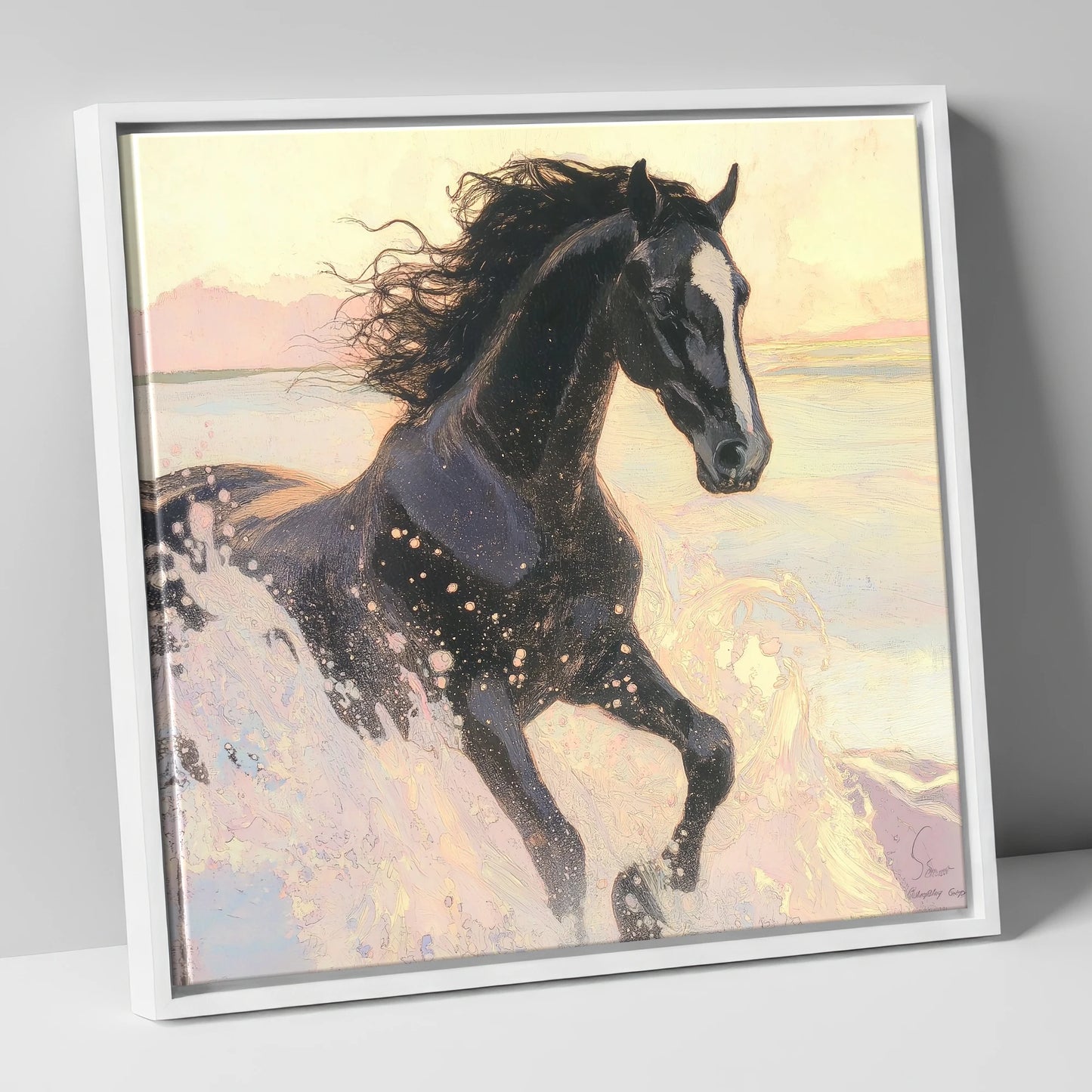 Ethereal Tide wild horses canvas wall art in white frame