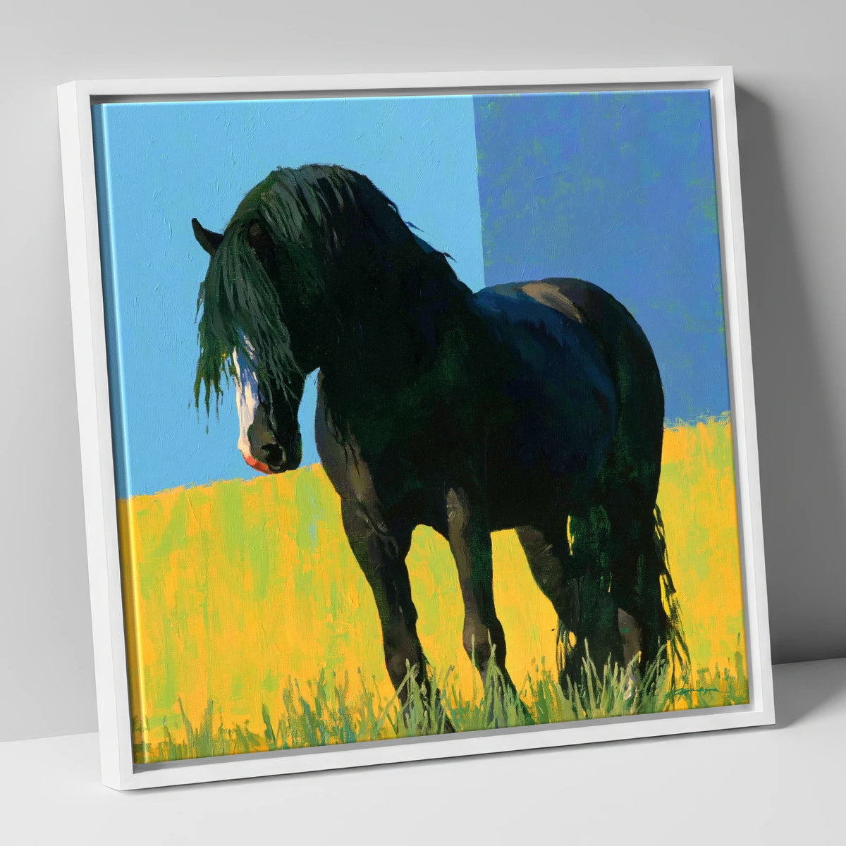 Black Cob in Yellow Field horse breed canvas wall art in white frame