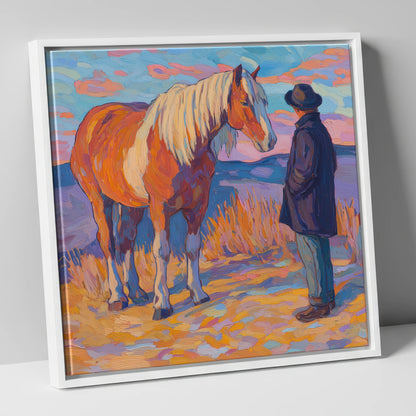 Golden Hour Harmony horse & rider canvas wall art in white frame