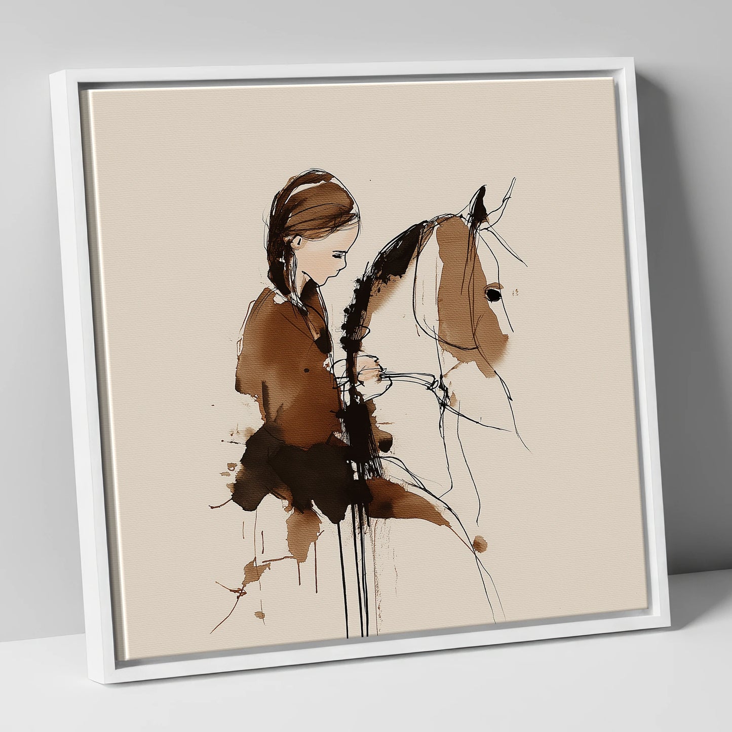 Quiet Bond horse & rider canvas wall art in white frame