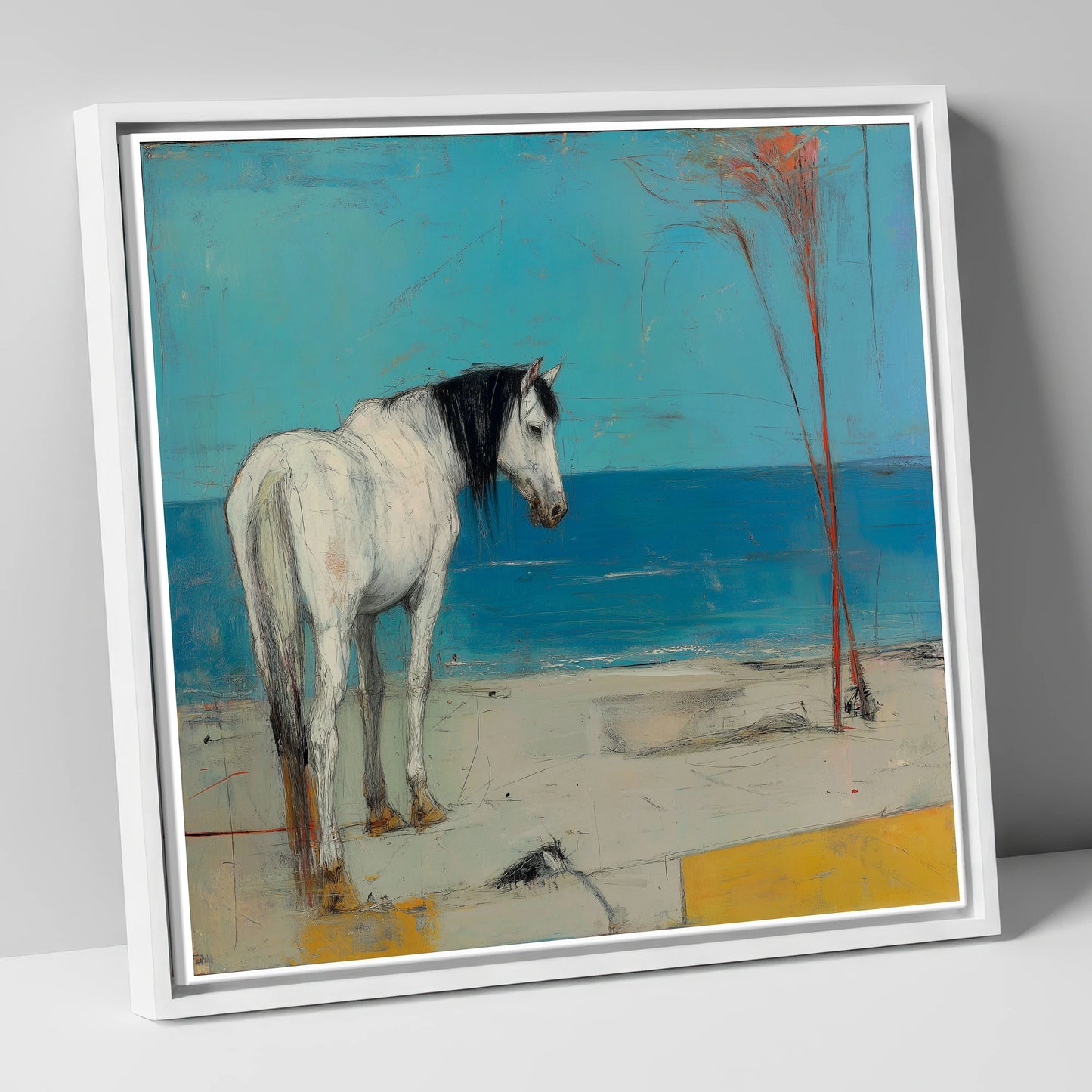 Coastal Solitude horse landscape canvas wall art in white frame