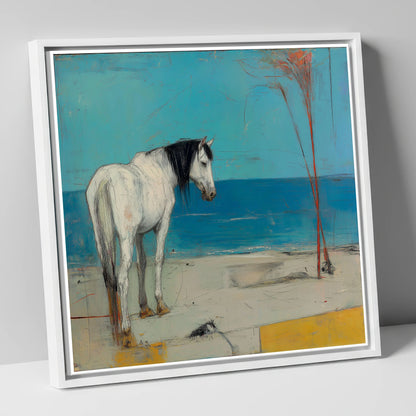 Coastal Solitude horse landscape canvas wall art in white frame