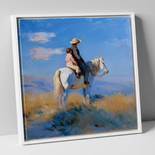 Shared Horizon horse & rider canvas wall art in white frame