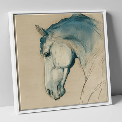 Teal Wash Equine Profile horse portrait canvas wall art in white frame