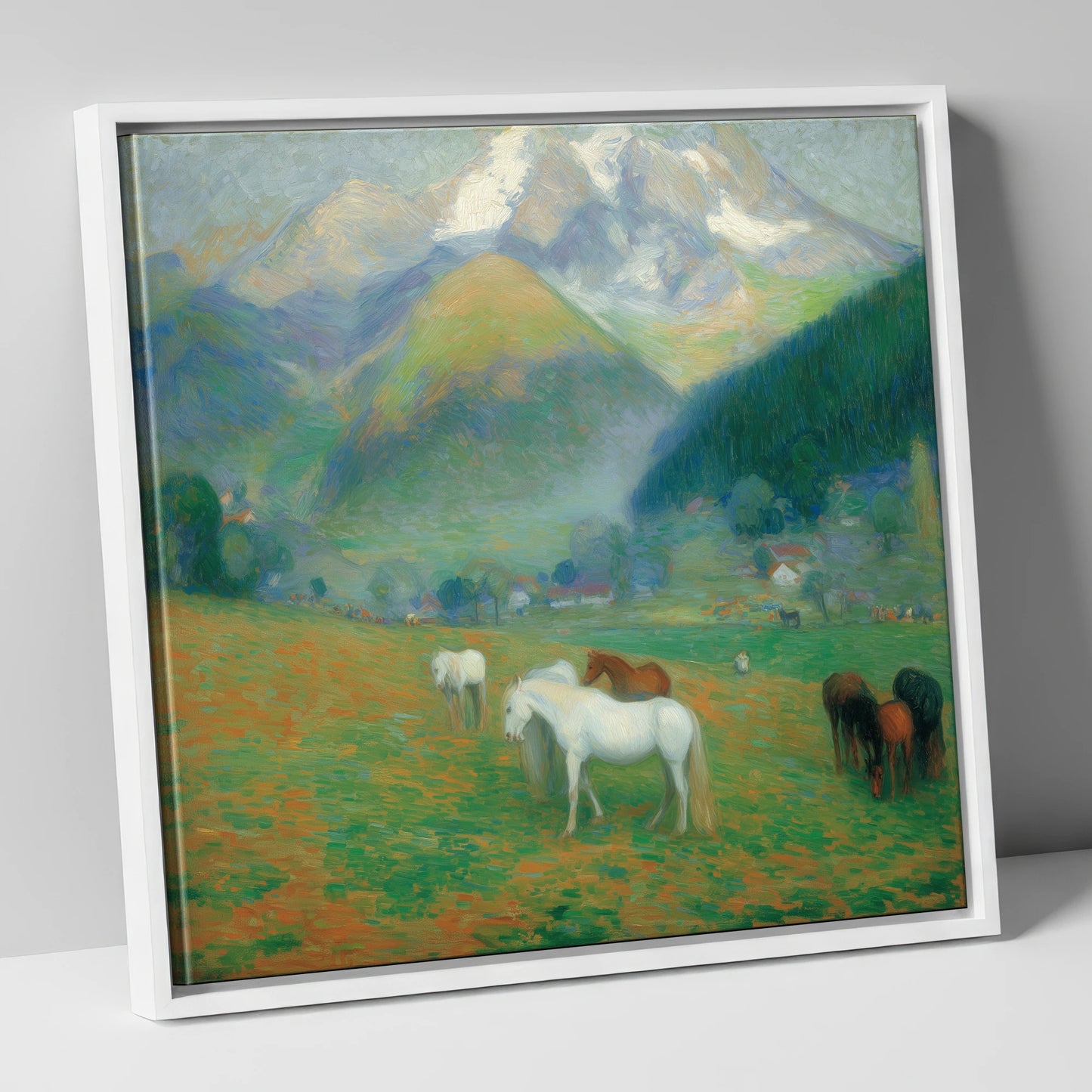 Luminous Mountain Pastures horse landscape canvas wall art in white frame