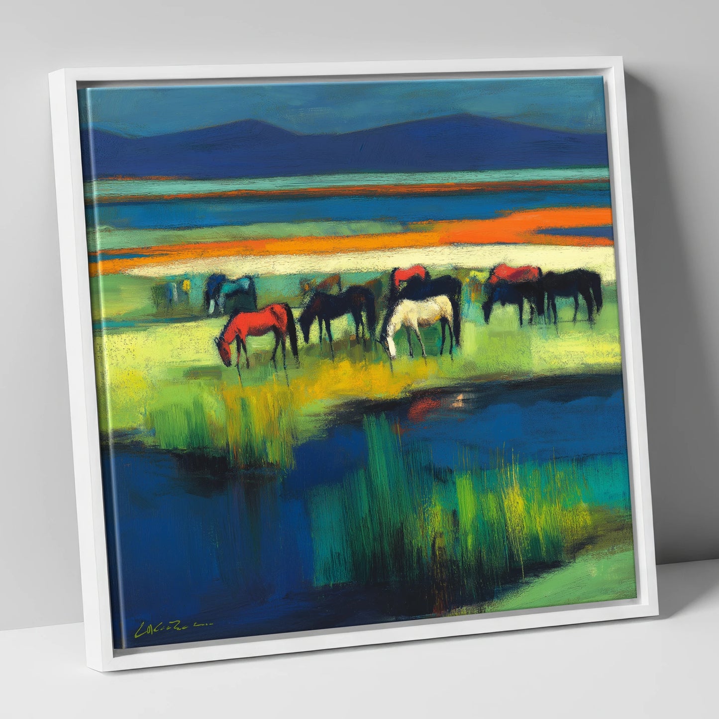 Vibrant Grazing Herd wild horses canvas wall art in white frame