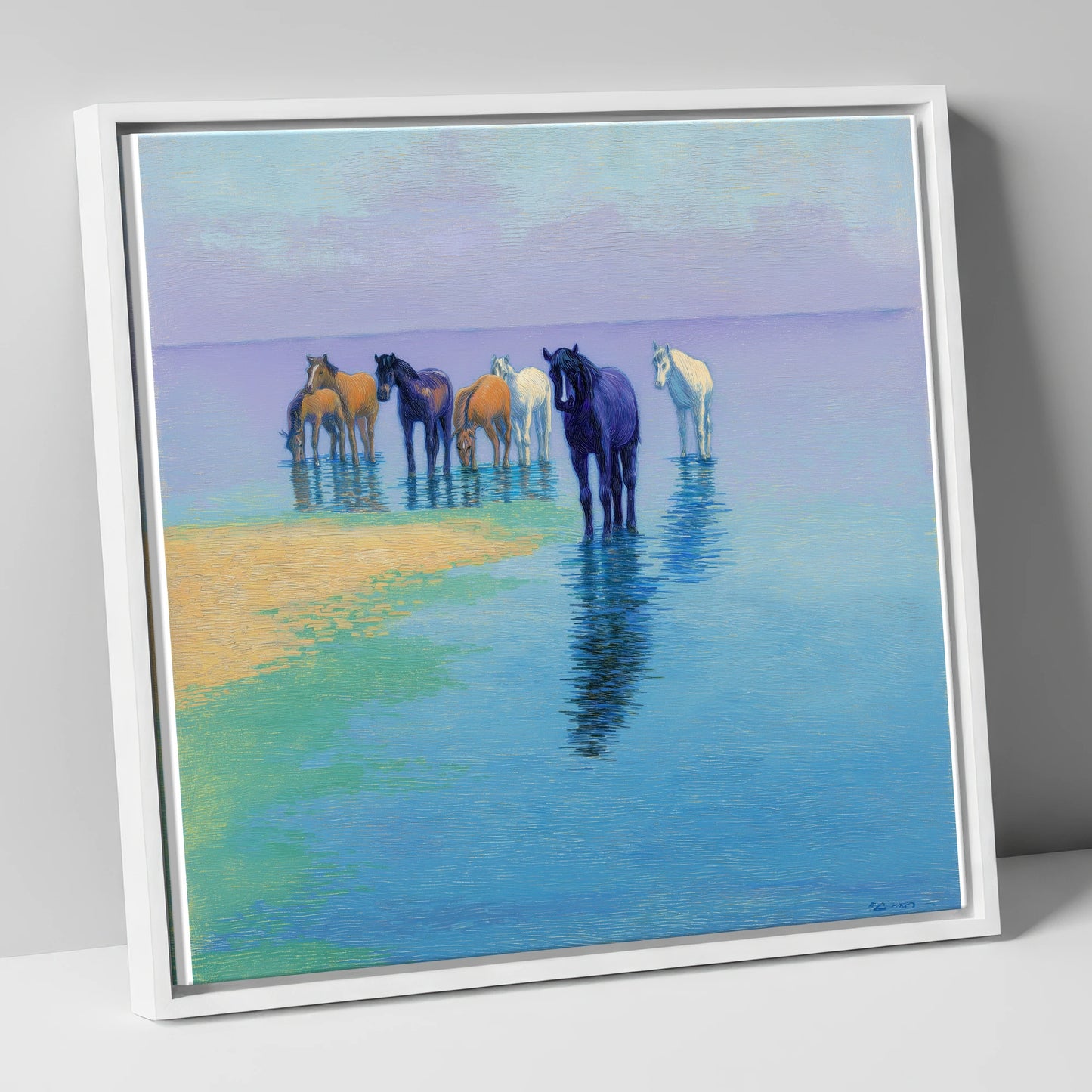Lavender Shallows wild horses canvas wall art in white frame