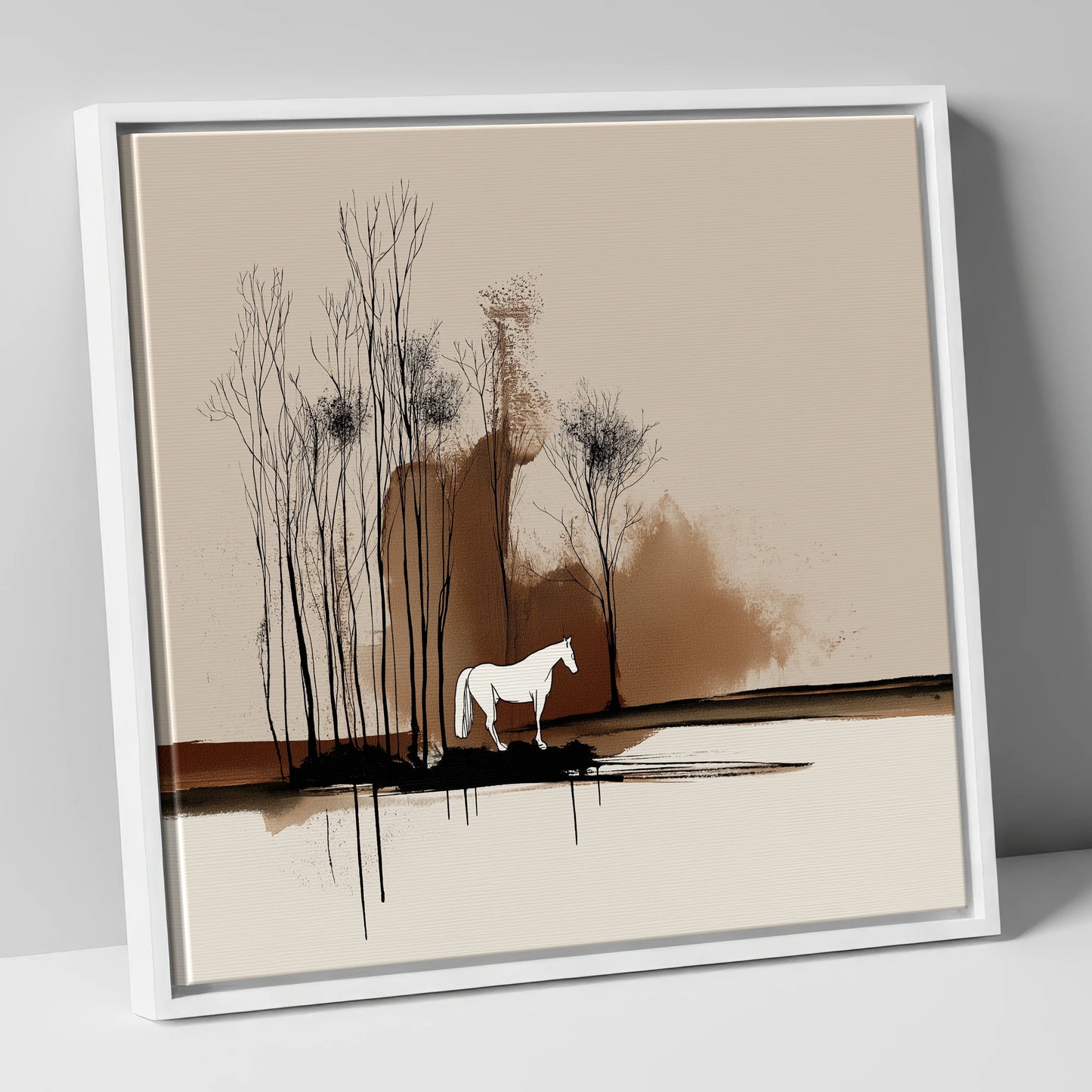 Sepia Woodland Solitude horse landscape canvas wall art in white frame