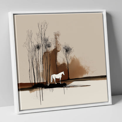 Sepia Woodland Solitude horse landscape canvas wall art in white frame