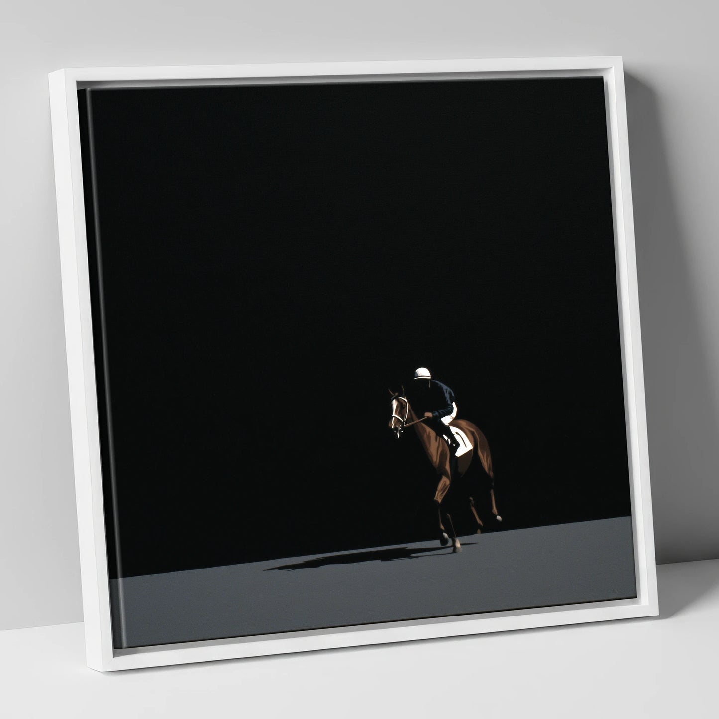 Out of the Shadows racing horse canvas wall art in white frame