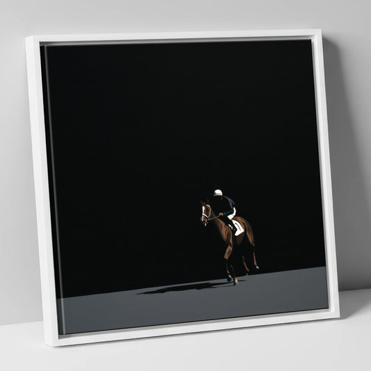 Out of the Shadows racing horse canvas wall art in white frame