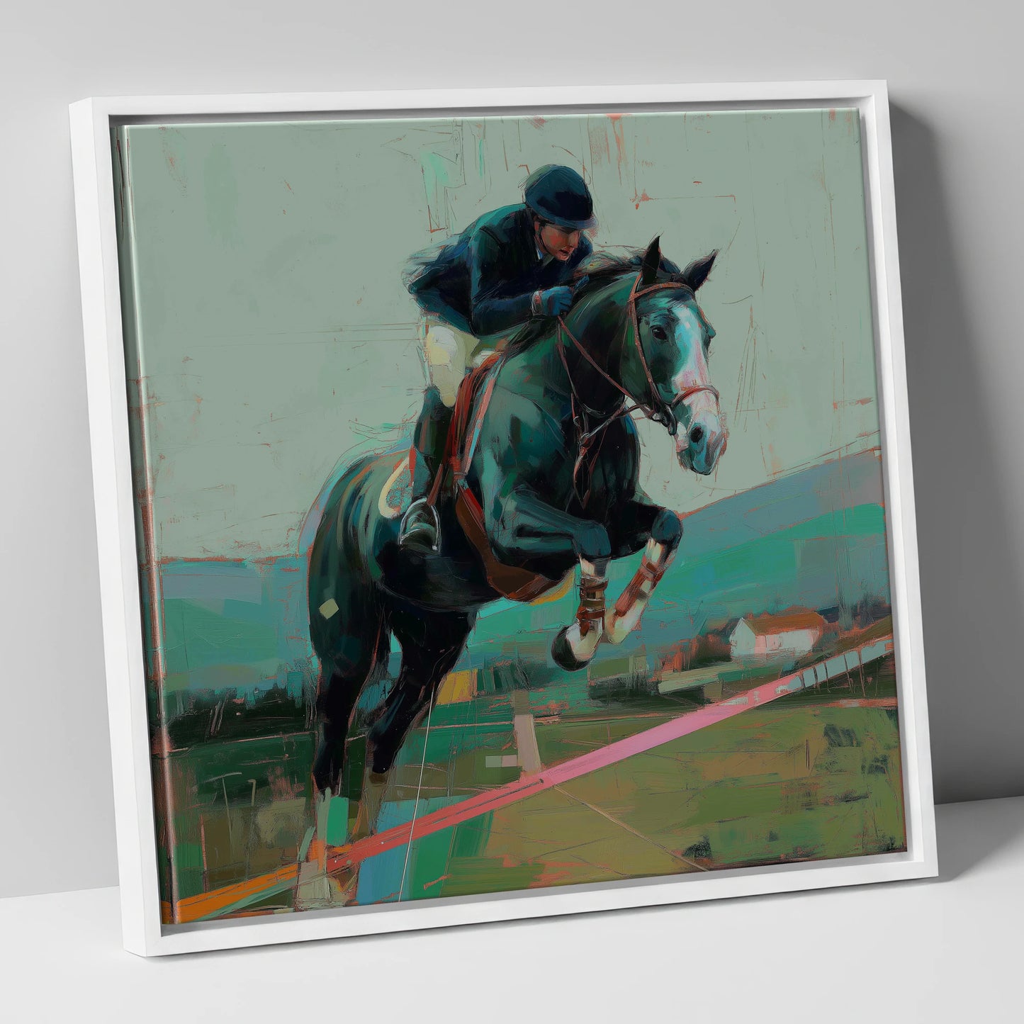 Midnight Flight show jumping horse canvas wall art in white frame