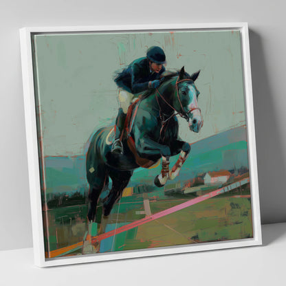 Midnight Flight show jumping horse canvas wall art in white frame