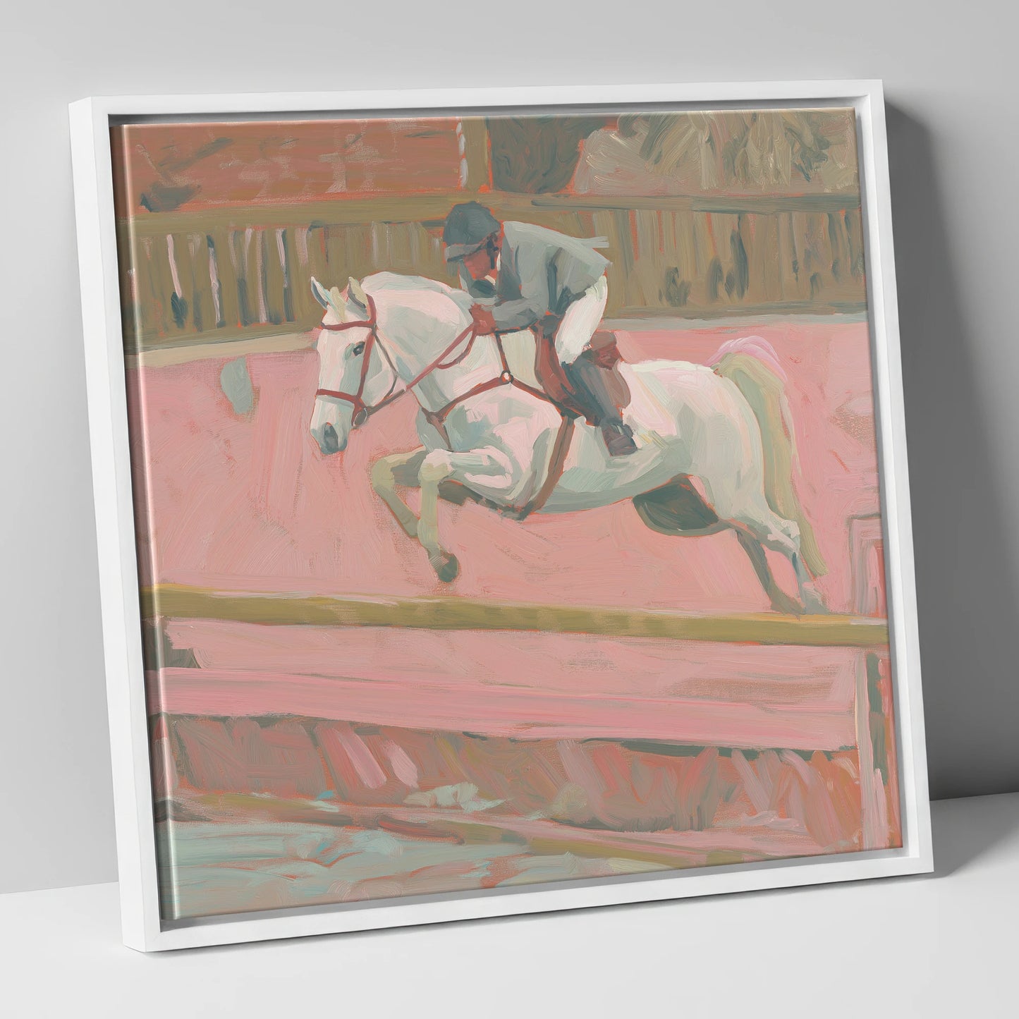 Flight in Dusty Pink show jumping horse canvas wall art in white frame