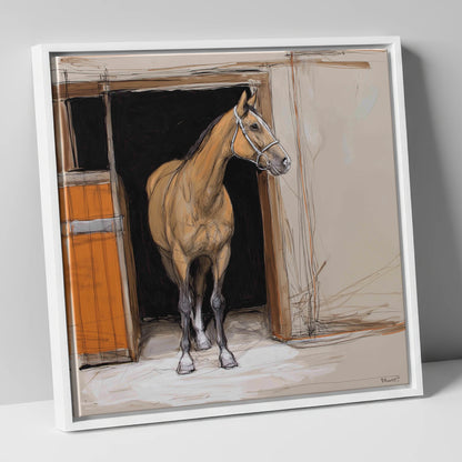 Morning Watch horse stable canvas wall art in white frame