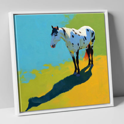 Sunlit Appaloosa Shadow horse breed canvas wall art in white frame