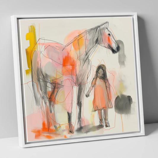 Vibrant First Bond horse & rider canvas wall art in white frame