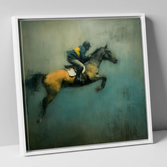 Suspended Momentum show jumping horse canvas wall art in white frame