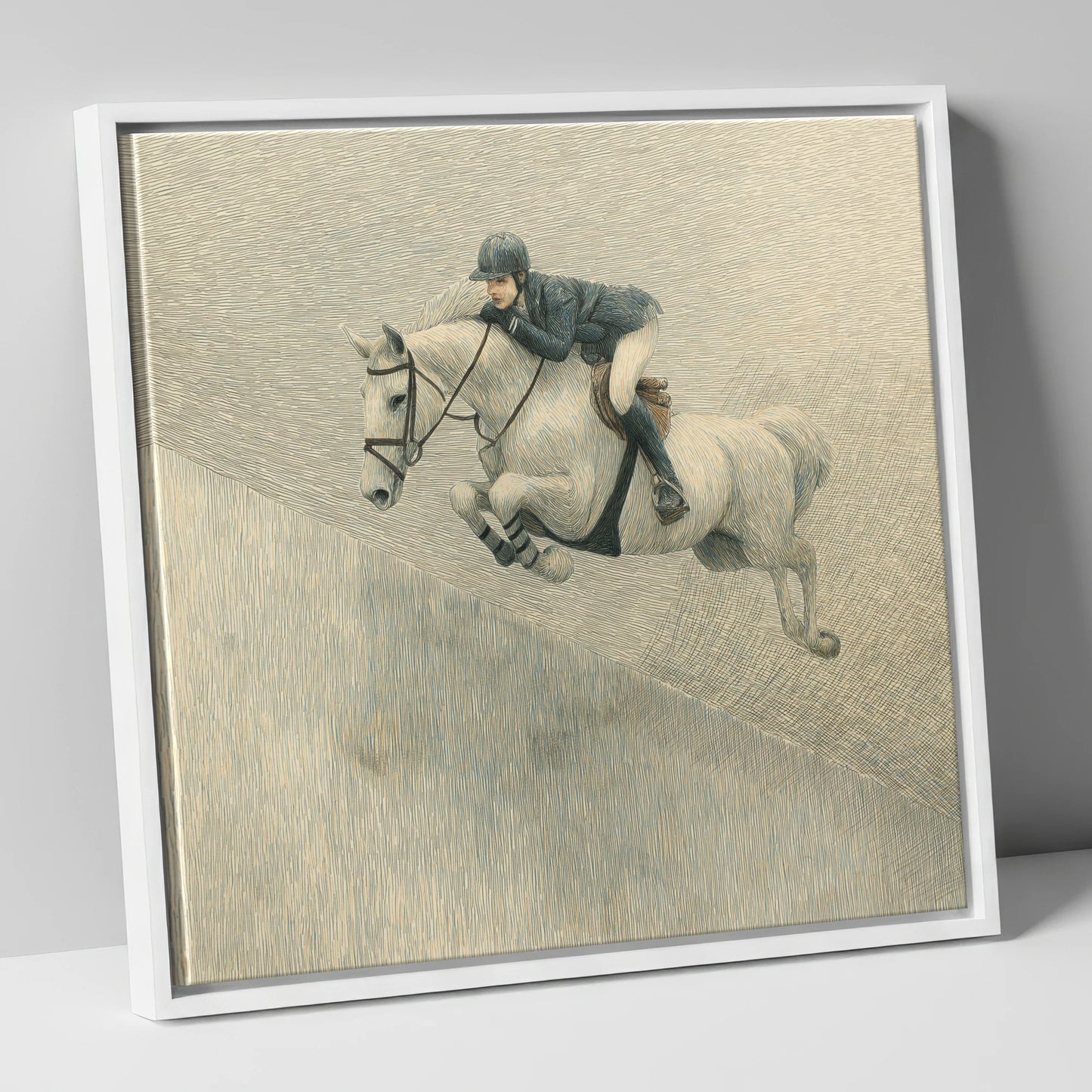 Suspended in Flight show jumping horse canvas wall art in white frame