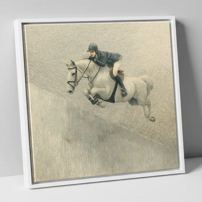 Suspended in Flight show jumping horse canvas wall art in white frame