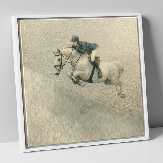 Suspended in Flight show jumping horse canvas wall art in white frame