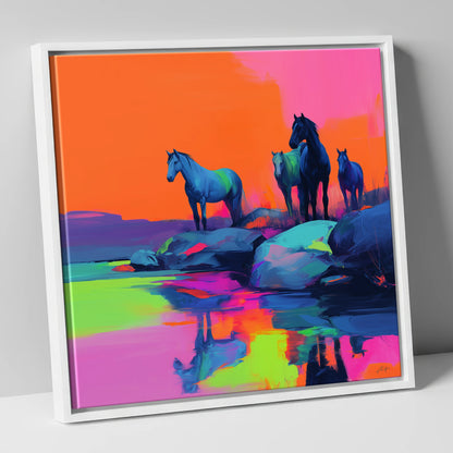 Neon Horizon Horses wild horses canvas wall art in white frame