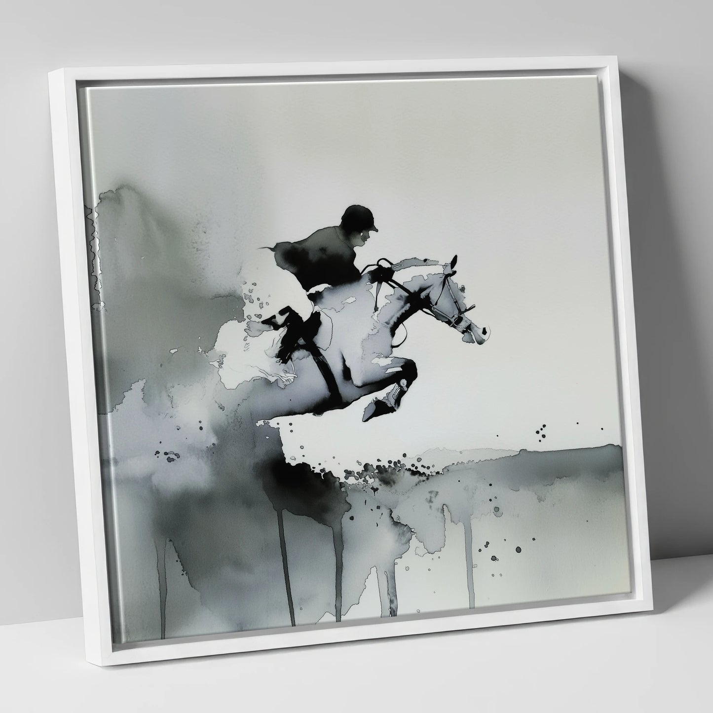Airborne Shadows show jumping horse canvas wall art in white frame