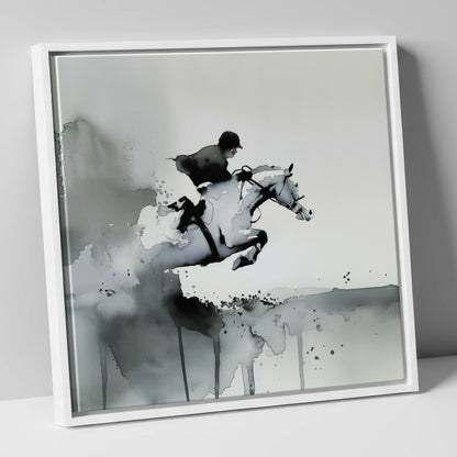 Airborne Shadows show jumping horse canvas wall art in white frame
