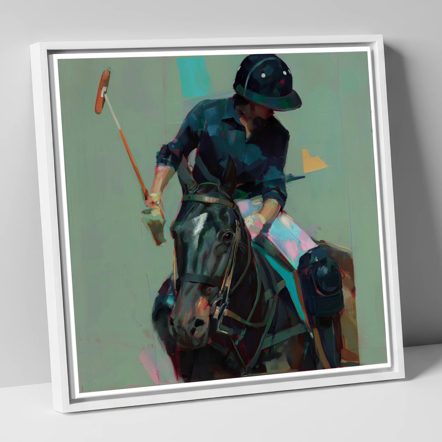 The Decisive Strike polo horse canvas wall art in white frame