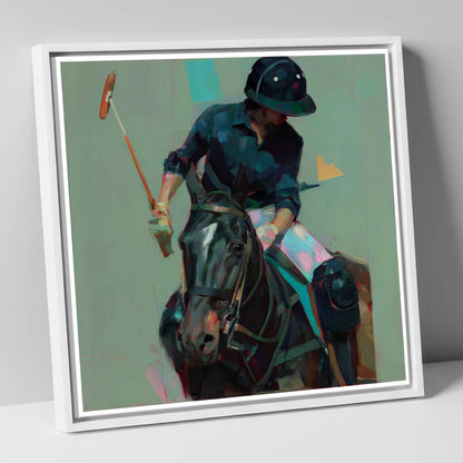 The Decisive Strike polo horse canvas wall art in white frame