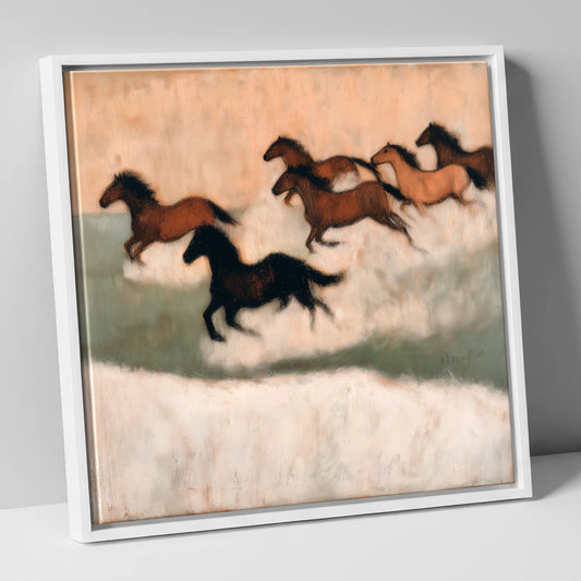 Through the Winter Haze wild horses canvas wall art in white frame