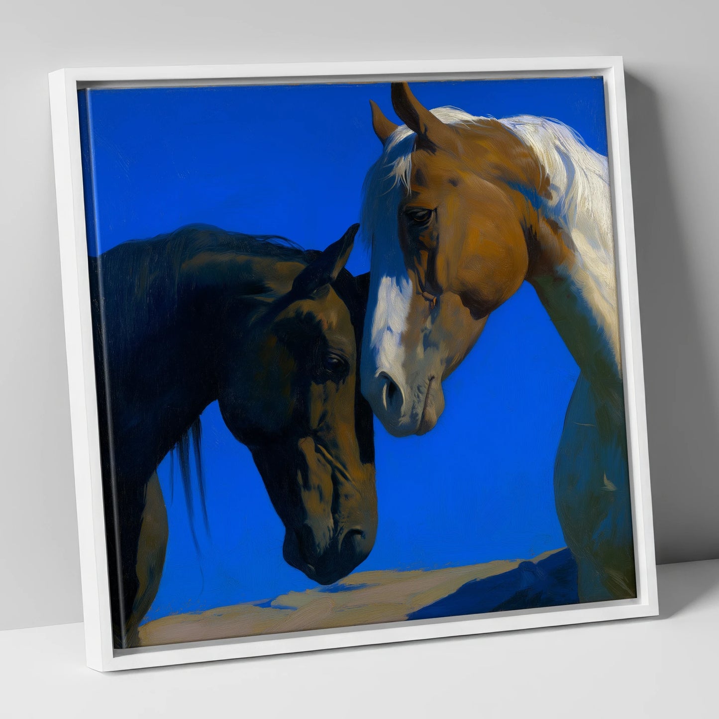 Sunlit Companions horse portrait canvas wall art in white frame