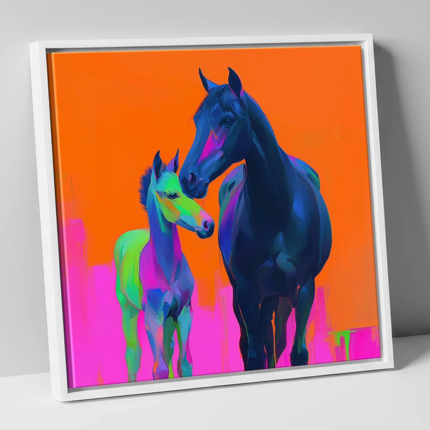Electric Bond mare & foal canvas wall art in white frame