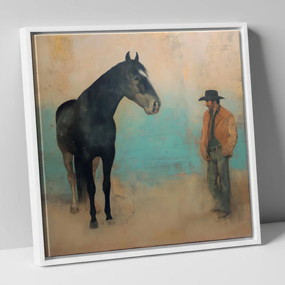 The Quiet Accord western horse canvas wall art in white frame