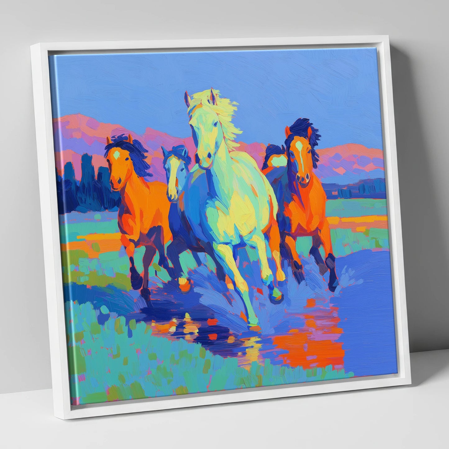 The Vivid Gallop wild horses canvas wall art in white frame