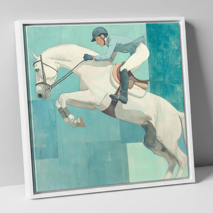 Aquamarine Flight show jumping horse canvas wall art in white frame