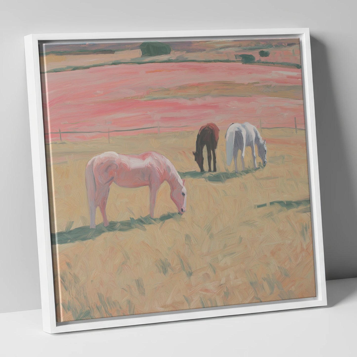 Dusky Meadow Grazing horse landscape canvas wall art in white frame