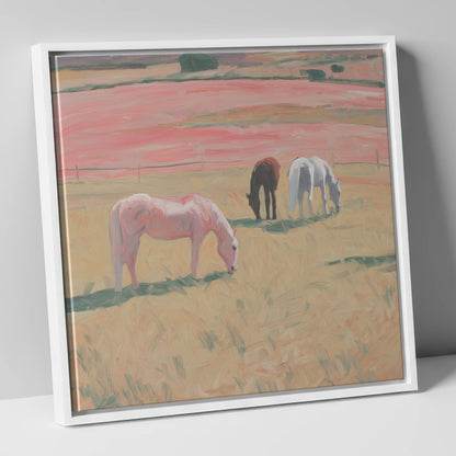 Dusky Meadow Grazing horse landscape canvas wall art in white frame