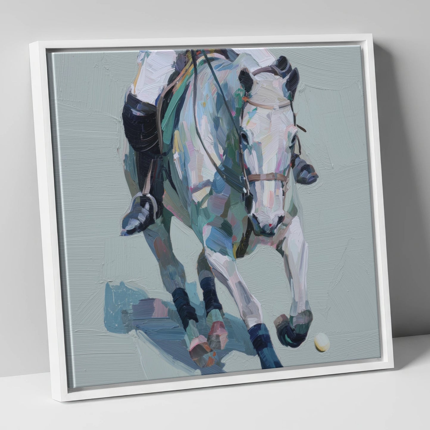 Pastel Polo Charge polo horse canvas wall art in white frame