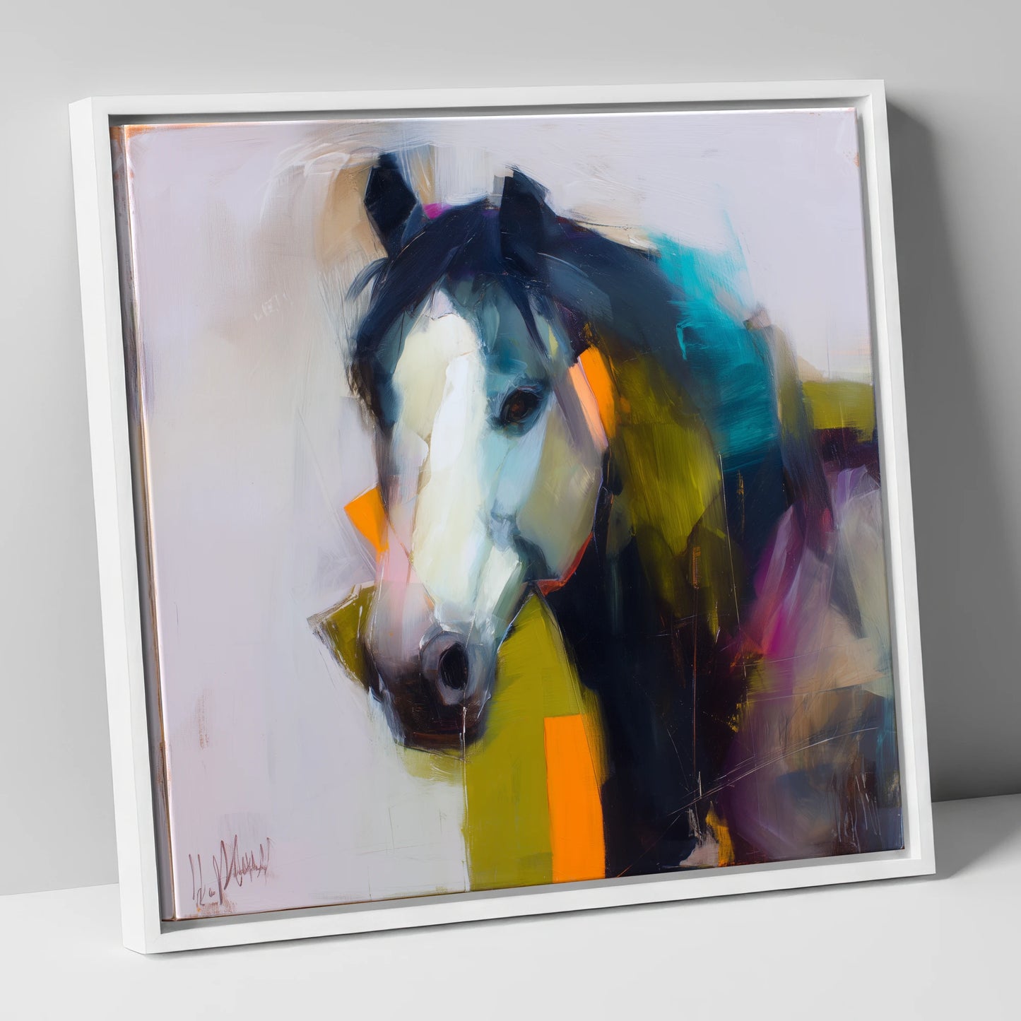 Contemporary Blaze Portrait horse portrait canvas wall art in white frame