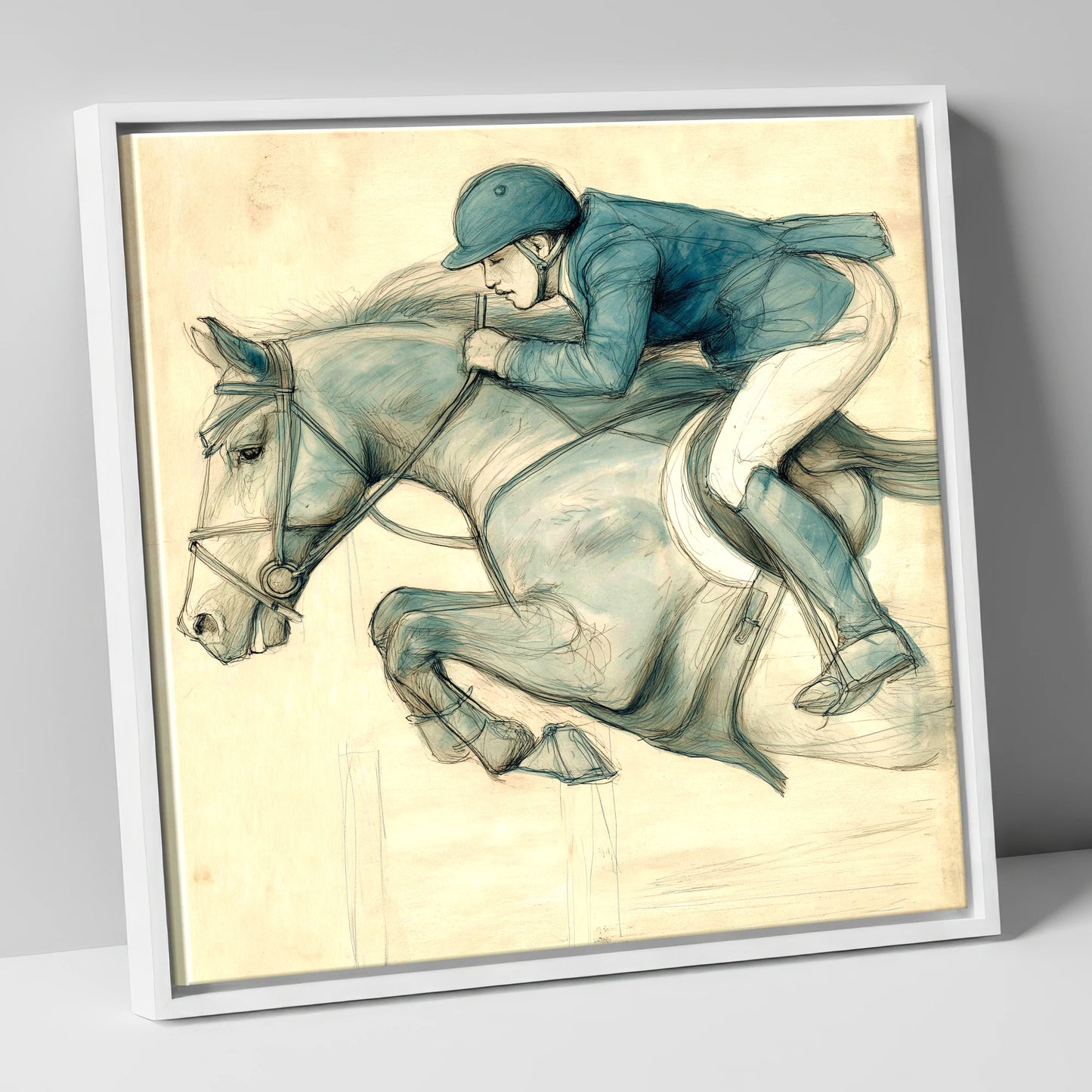 The Perfect Arc show jumping horse canvas wall art in white frame